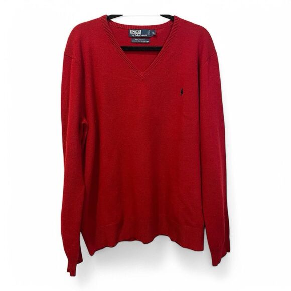 Vintage Ralph Lauren Polo Men's Lambs Wool Red Sweater Valentine's Day Vneck  XL - Picture 1 of 4